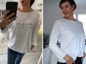 Fashion, Statement, Keep Glowing, Shirt, Longsleeve, blau, weiß, phoch2, Schminktante, Anja Frankenhäuser